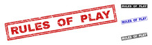 Grunge RULES OF PLAY Rectangle Stamp Seals Isolated On A White Background. Rectangular Seals With Grunge Texture In Red, Blue, Black And Gray Colors.