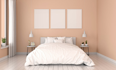 Wall Mural - Brown bedroom interior and three empty photo frame for mockup, 3D rendering