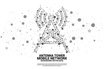 Poster - Antenna Tower icon polygon style from dot and line connection with mobile device icon. Concept of telecommunication mobile and data technology
