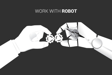 Poster - close up businessman and robot hand put gear to fit together. business concept of solution and working with machine learning. Artificial Intelligence management.