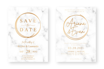 Wall Mural - Wedding card design with golden frames and marble texture. Wedding announcement or invitation design template with geometric patterns and luxury background