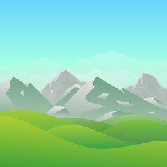 Wall Mural - Green hill landscape with mountains, blue sky and green meadow. Vector illustration