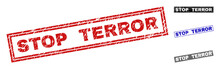 Grunge STOP TERROR Rectangle Stamp Seals Isolated On A White Background. Rectangular Seals With Grunge Texture In Red, Blue, Black And Grey Colors.