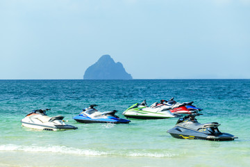 Sticker - Jet ski`s in the  sea on Phi Phi island, Thailand. Sea fun background. Tropical travel concept.