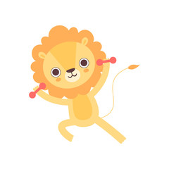 Canvas Print - Cute Lion Exercising with Dumbbells, Funny African Animal Cartoon Character Vector Illustration