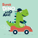 Fototapeta Dinusie - Funny, cute dinosaur with car