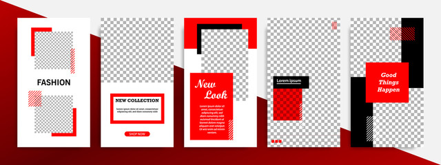Wall Mural - Modern minimal square stripe line shape template in red, black and white color with frame. Corporate advertising template for social media stories, story, business banner, flyer, and brochure.