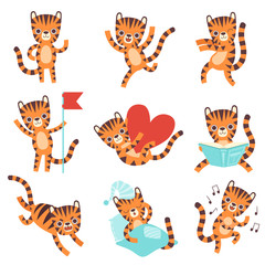 Sticker - Cute Little Tiger in Different Situations Set, Funny Adorable Wild Animal Cartoon Character Vector Illustration