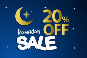 Wall Mural - Ramadan Sale 20% off discount paper art style Design Vector. Suitable for Greeting Card, Poster and Banner - Vector