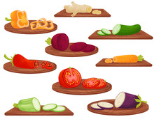 Cartoon Vegetables On Wooden Cutting Board On White Background.