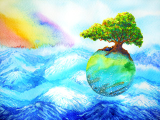 oak tree on colorful earth floating above mountain with rainbow sky watercolor painting