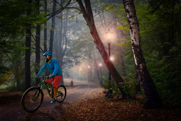 Poster - Cycling in golden shine trail foggy scene in the park, man riding on bike the morning sun shining through the trees, blue sky in background.