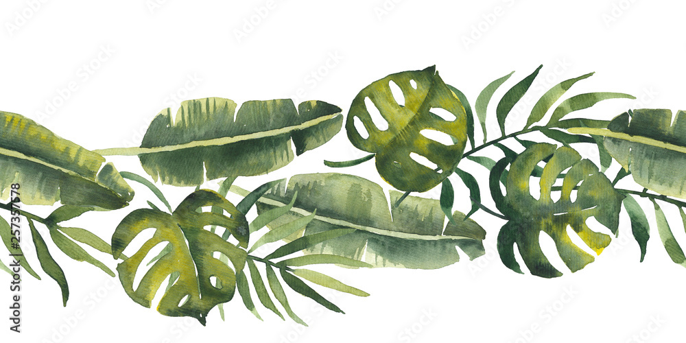 Foto-Kissen premium - Tropic watercolor green banana leaves, coconut palm leaves, monstera. Horizontal seamless pattern