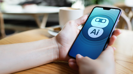 Poster - ai artificial intelligence deep machine learning concept. robot icon on mobile phone screen.