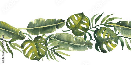 Foto-Gardine - Tropic watercolor green banana leaves, coconut palm leaves, monstera. Horizontal seamless pattern (von IMR)