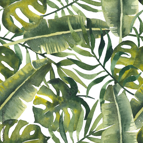 Stoffe zum Nähen Tropic watercolor seamless pattern with green banana leaves, coconut palm leaves and monstera
