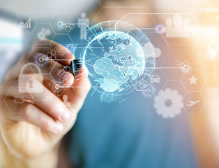 Poster - International business network connection displayed on a futuristic interface with technology icon and sphere globe - Worldwide business concept