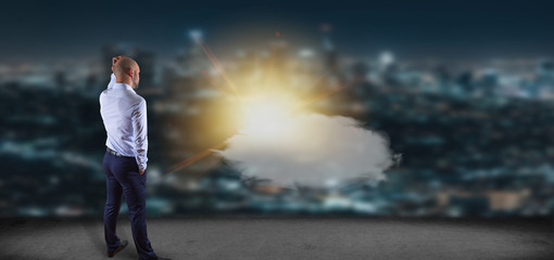 Poster - Businessman in front of a Weather forecast Sun and cloud