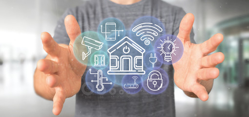 Poster - businessman holding smart home interface with icon, stats and data 3d rendering