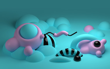 Poster - memphis style wallpaper or background design with copy space. pink and turquoise abstract shapes. 3d