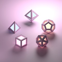 Poster - Set of 5 geometric platonic solids emitting light. 3D render or rendering with soft colors.