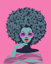 Afro American Woman Art Portrait With Pink Sunglasses. Mid Century Modern Retro Style. Eps10 Vector