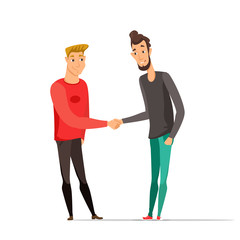 Young men shaking hands color vector illustration