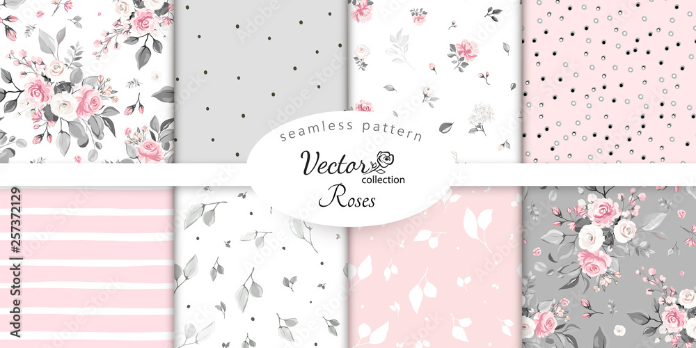 set botanic and abstract seamless pattern with flowers and leaves, hand drawn background. collection floral pattern. Tile with Flower rose. - obrazy, fototapety, plakaty 
