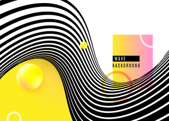 Poster - Abstract background design with stripe wave black and white lines, yellow sphere shape, rings. 3d optical pop art. Vector illustration