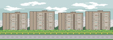 Pixel Art 8-bit Game Landscape Russian City. Builing And Road