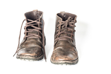 Old leather boots On a white background