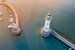 Top-Down aerial view of the Lighthouse in Lindau Harbour, Lake Constance, Bavaria, Germany