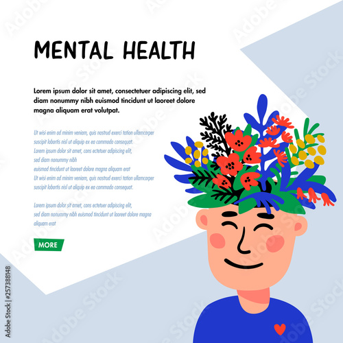 Psychology. Mental health. Man character with flower head