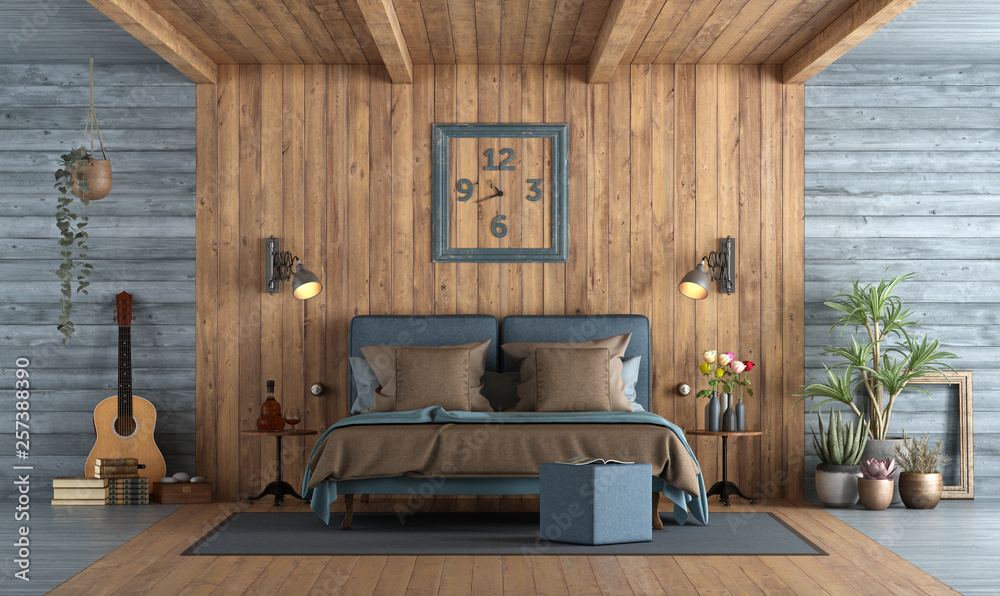 Master bedroom in rustic style - obrazy, fototapety, plakaty 