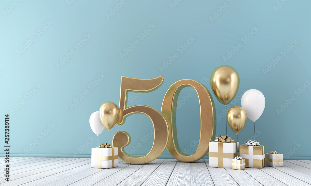 Number 50 party celebration room with gold and white balloons and gift boxes.  - obrazy, fototapety, plakaty 