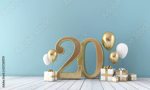 Fotografía Number 20 party celebration room with gold and white balloons and gift boxes