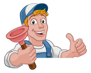 Poster - Plumber or handyman cartoon mascot holding a plumbing drain or toilet plunger. Peeking over a sign and giving a thumbs up.