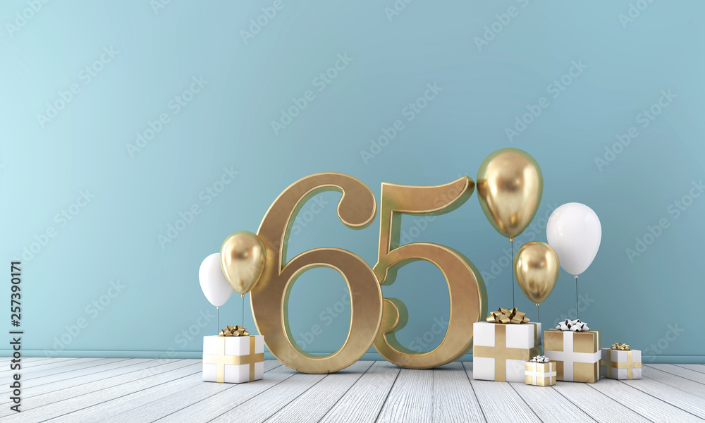 Number 65 party celebration room with gold and white balloons and gift boxes.  - obrazy, fototapety, plakaty 