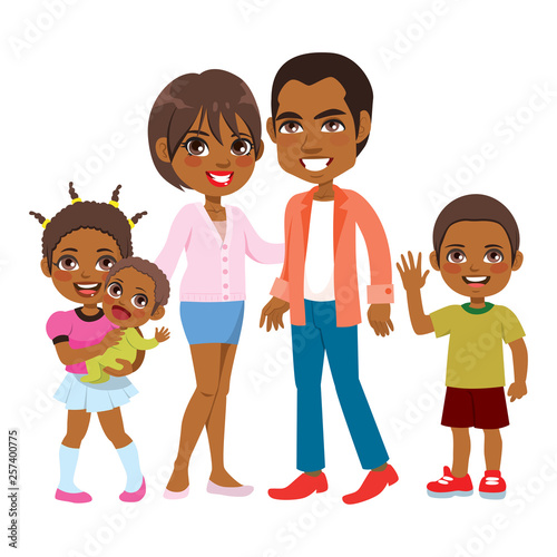 Cute big happy African American family of five members smiling together