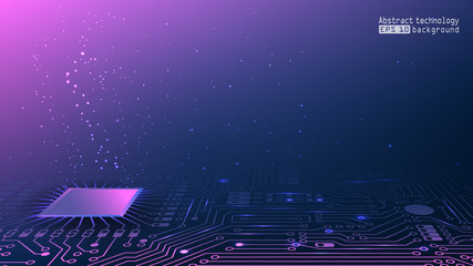 Poster - Electronic circuits. Chips with binary code. Purple technological background. Computer network and chips. Internet and technology. Social network. Global communication systems. Abstract vector.