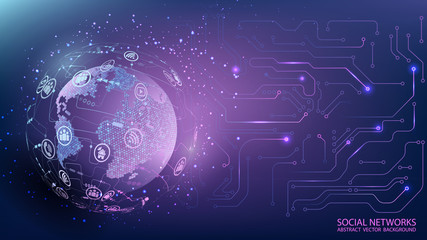 Wall Mural - Internet and technology. Global social network. Computer chip. Virtual reality and modern science. Violet futuristic background with planet Earth. Abstract image. Future. Vector. Place for text.