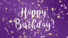Fun Purple Happy Birthday Greeting Card With Falling Yellow Light Particles.