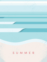 Wall Mural - Beautiful summer poster template, minimalist art pastel colors vector illustration. Ocean waves crashing on beach. Symbol of vacation, recreation, holiday.