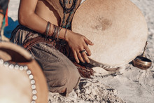 Shaman Drum In Woman Hand. Playing Ethnic Music