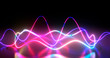 3d rendering. Neon curves in the form of geometric shapes on a black background with reflection on the floor. Bright scene