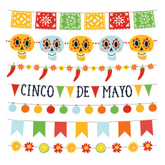 Set of Cinco de Mayo holiday garlands with lights, bunting flags, ornamental skulls, flowers, jalapenos peppers. Collection of Mexican garden party decorations. Isolated vector objects. Flat design