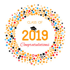 Sticker - congratulatory banner or poster of graduation class of a university, school, college 2019 with golden stars and glitter. Congratulatory text for the design of invitations.