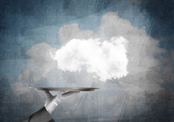 Wall Mural - Hand of waitress presenting cloud on tray.