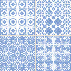 Wall Mural - Set of hand drawn blue Moroccan seamless patterns for Ramadan Kareem greeting cards, islamic backgrounds, fabric, web banners. Portuguese azulejos tiles design. Decorative vector illustrations.