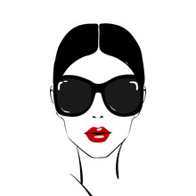 Beautiful Woman Face With Red Lips Make-up And Sunglasses Hand Drawn Vector Illustration. Stylish Original Graphics Portrait With Young Girl Model. Fashion, Style, Beauty. Graphic, Sketch Drawing.